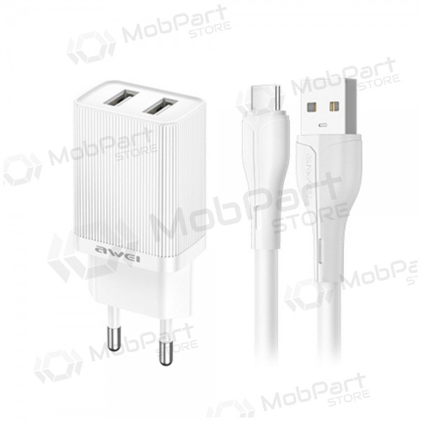 Lader Awei C15T-EU 2xUSB-A 10W + USB to USB-C cable hvit
