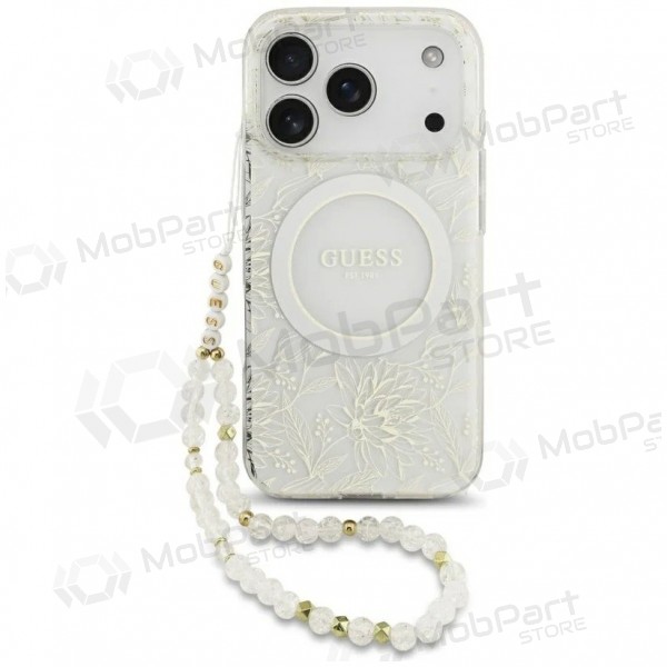 Apple iPhone 18 Pro deksel - Guess IML Flowers Allover Strap MagSafe (hvit)