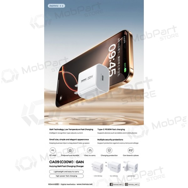 Telefonlader Remax CA09 30 W USB-C hvit