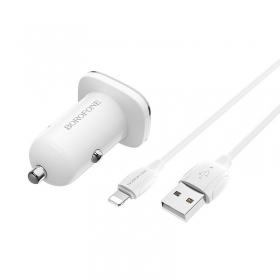 Lader automobilinis Borofone BZ12 USB + Lightning (2.4A) (hvit)