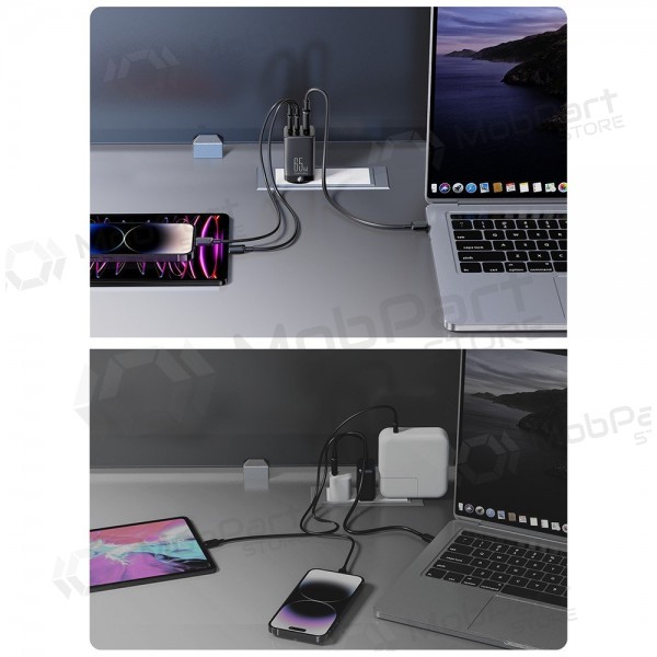 Lader buitinis Joyroom GaN JR-TCG01 2xUSB-C/USB-A 65W + USB-C cable 1.2m svart