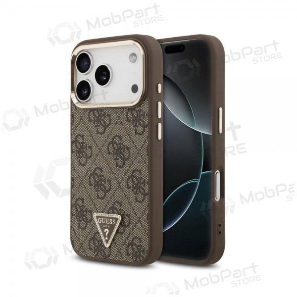 Apple iPhone 18 Pro deksel - Guess PU Leather 4G Strass Triangle Logo Gold Frame MagSafe (brun)