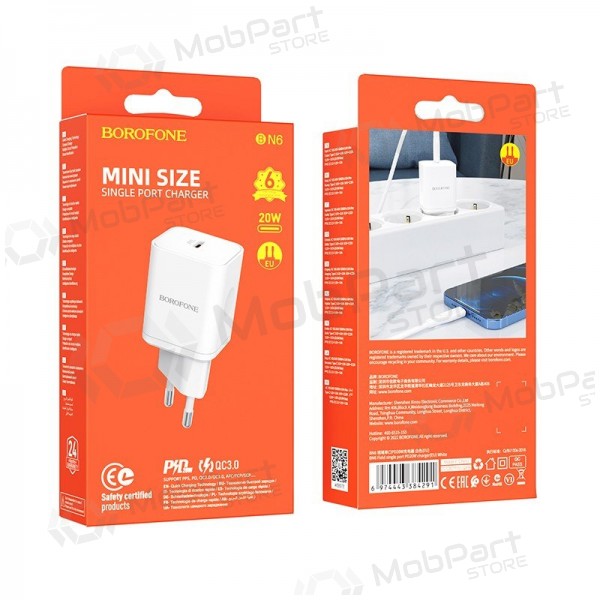 Lader buitinis Borofone BN6 Type-C PD+QC3.0 20W, hvit