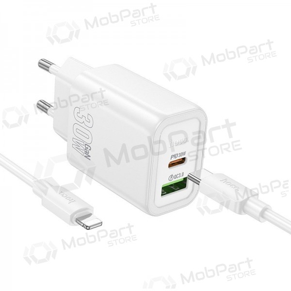 Telefonlader Hoco N63 30 W GaN USB-C + USB-A med Lightning-kabel 1 m hvit