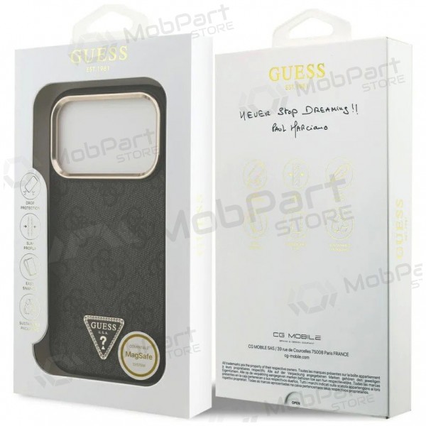 Apple iPhone 17 Pro Max deksel - Guess PU Leather 4G Strass Triangle Logo Gold Frame MagSafe (svart)