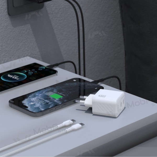 Telefonlader Dudao A28PC 45 W GaN 2x USB-C med USB-C-kabel 1 m hvit