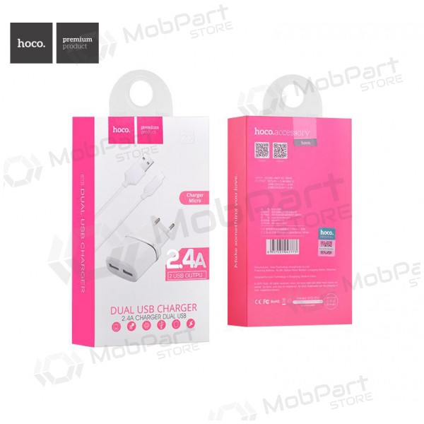Lader HOCO C12 Smart Dual USB + Lightning kabel (5V 2.4A) (hvit)