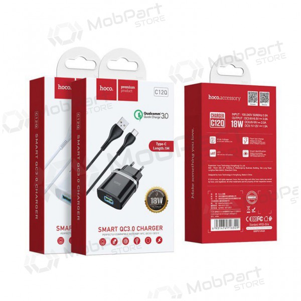 Lader HOCO C12Q Smart USB + microUSB kabel (QC3.0) (svart)