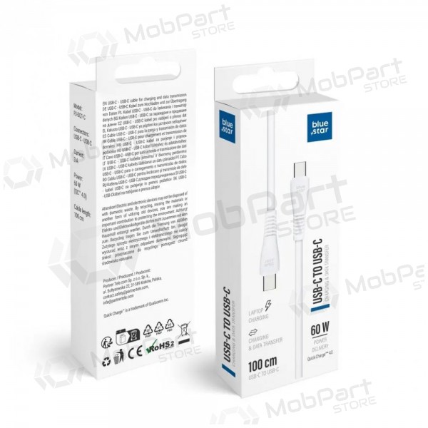 USB-C-kabel Blue Star PJ-DQ1-C USB-C til USB-C 1 m 60 W hvit