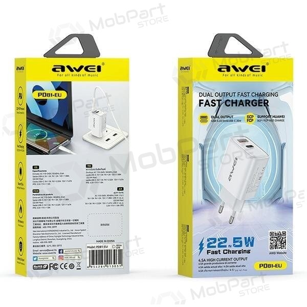 Lader Awei PD81-EU USB-A/USB-C hvit
