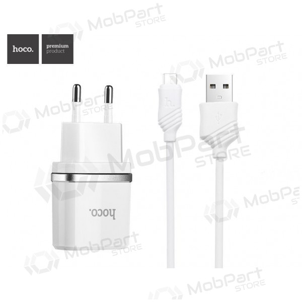 Lader HOCO C12 Smart Dual USB + Lightning kabel (5V 2.4A) (hvit)