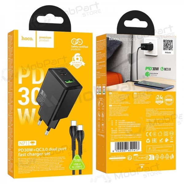 Telefonlader Hoco N71 30 W GaN USB-C + USB-A med USB-C-kabel 1 m svart