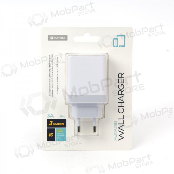 Lader Platinet QuickCharge 3xUSB (15W 3A) (hvit)