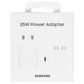 Lader original Samsung EP-T2510XWEGEU 25W + USB-C kabel i pakken hvit