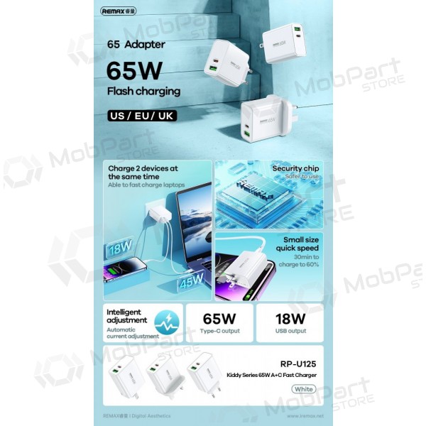 Lader Remax RP-U125 65W GaN USB-C/USB-A hvit