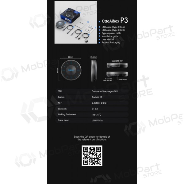 Trådløs CarPlay / Android Auto-adapter Ottocast OttoAiBox P3 PCS46 svart