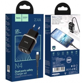 Lader HOCO N4 Aspiring Dual USB + type-C kabel (5V 2.4A) (svart)