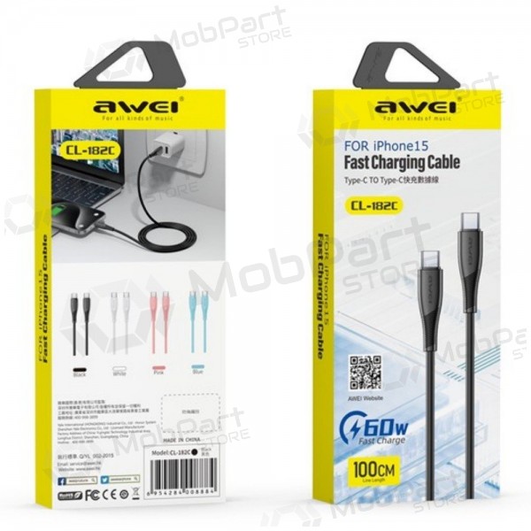 USB kabel Awei CL-182C USB-C to USB-C 1.0m hvit
