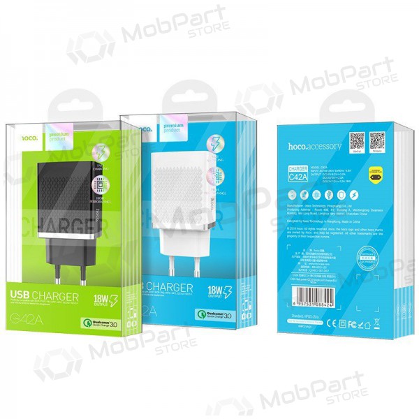 Lader HOCO C42A Vast power QC3.0 USB 18W (3.6V-6.5V/3A, 6.6V-9V/2A, 9.1V-12V/1.5A) (svart)