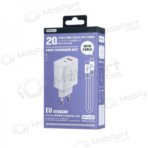 Telefonlader Remax RP-U120 20 W USB-C + USB-A med Lightning-kabel 1 m hvit
