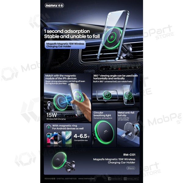 Automobilinis laikiklis-lader Remax RM-C01 MagSafe 15W svart