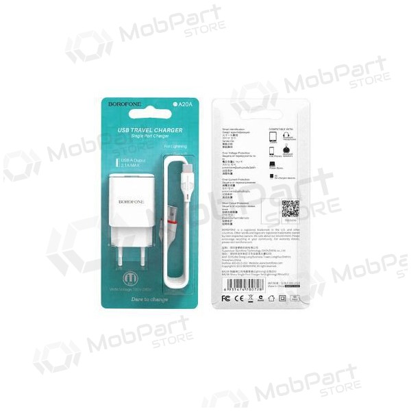 Lader BOROFONE BA20A Sharp USB + Type-C kabel (5V 2.1A) (hvit)