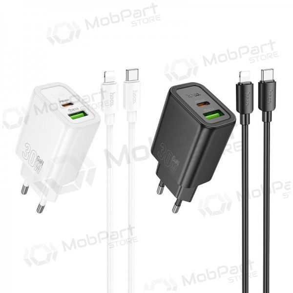 Telefonlader Hoco N63 30 W GaN USB-C + USB-A med Lightning-kabel 1 m hvit
