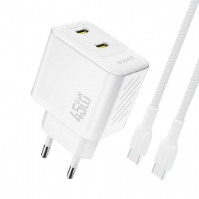 Telefonlader Dudao A28PC 45 W GaN 2x USB-C med USB-C-kabel 1 m hvit