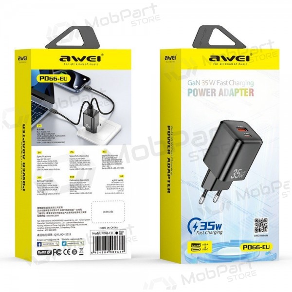 Lader Awei PD66-EU GaN 35W USB-A/USB-C hvit