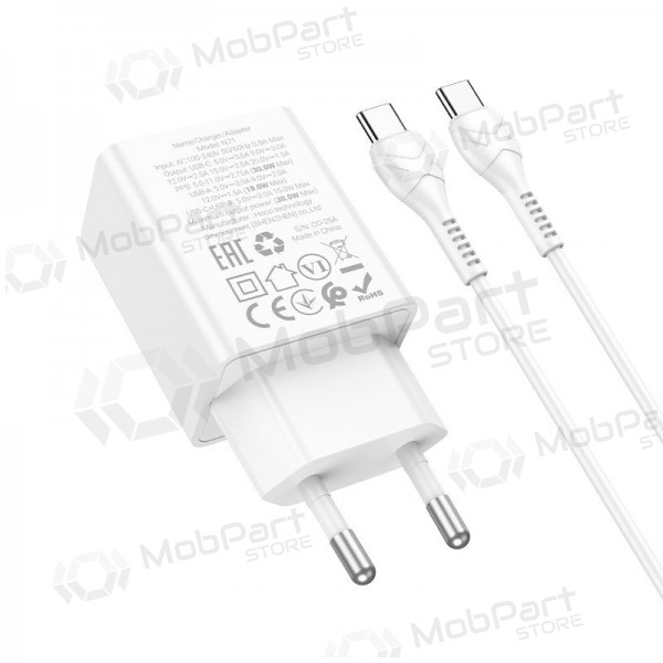 Telefonlader Hoco N71 30 W GaN USB-C + USB-A med USB-C-kabel 1 m hvit