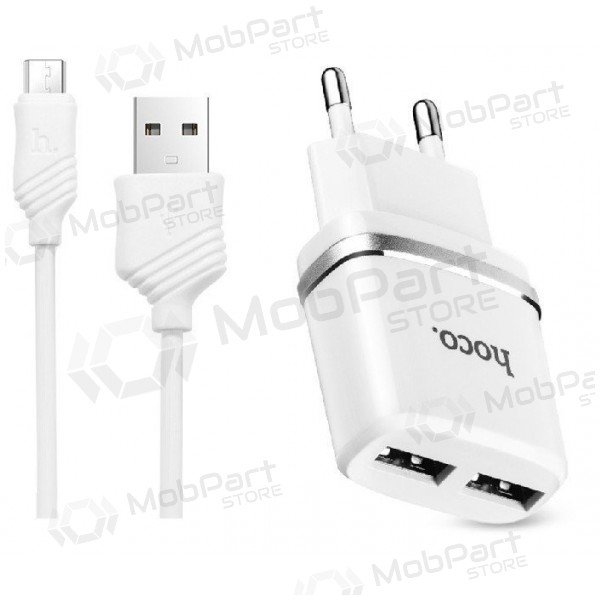 Lader HOCO C12 Smart Dual USB + microUSB kabel (2.4A) (hvit)