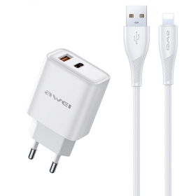 Telefonlader Awei PD81L-EU 22.5 W USB-C + USB-A med Lightning-kabel 1 m hvit