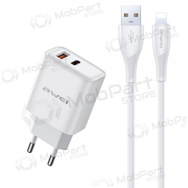 Telefonlader Awei PD81L-EU 22.5 W USB-C + USB-A med Lightning-kabel 1 m hvit