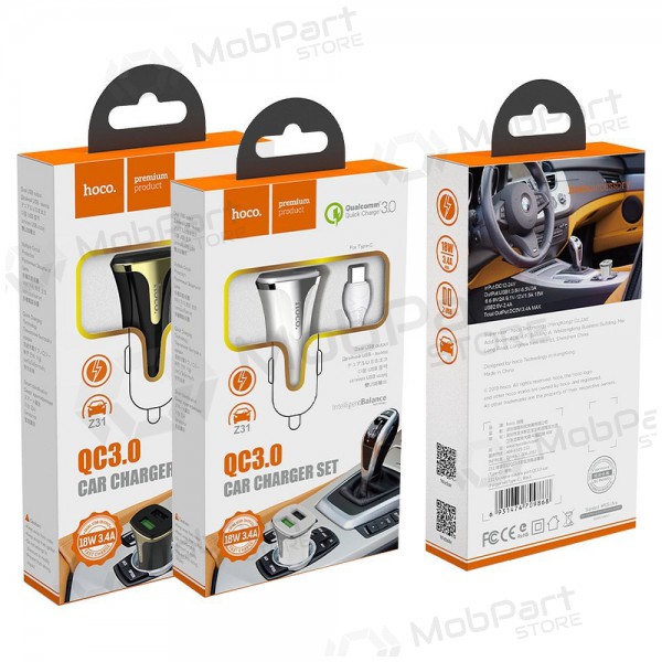 Lader automobilinis Hoco Z31 Quick Charge 3.0 (3.4A) x 2 USB + Type-C (hvit)