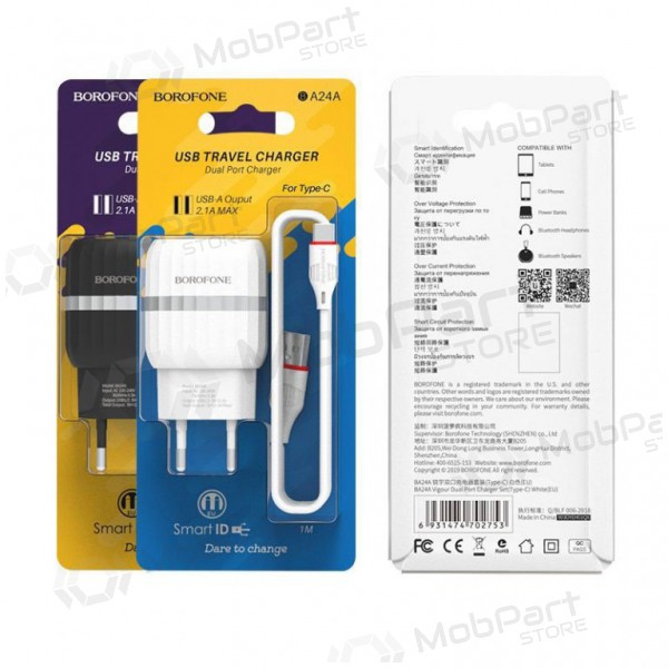 Lader BOROFONE BA24A Vigour Dual USB + Type-C kabel (5V 2.4A) (svart)