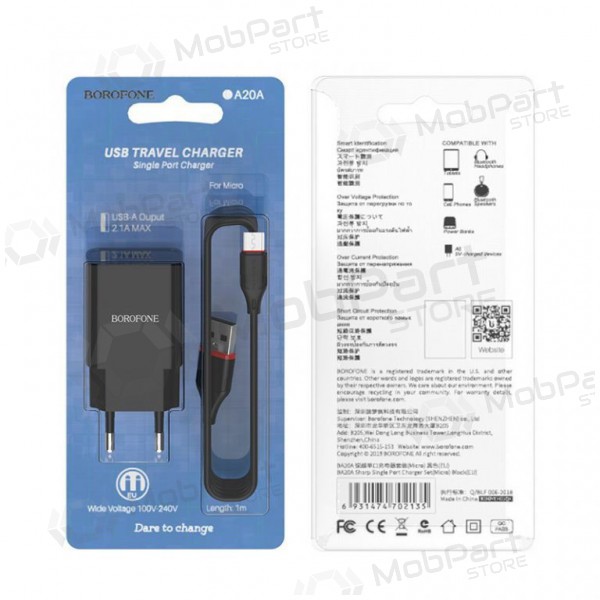 Lader BOROFONE BA20A Sharp USB + microUSB kabel (5V 2.1A) (svart)