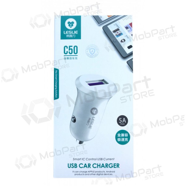 Lader automobilinis Leslie C50 USB 5A (hvit)