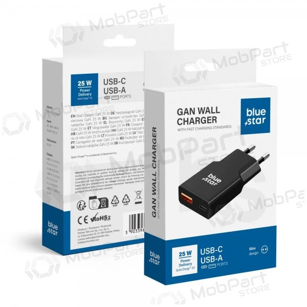 Telefonlader Blue Star Slim 25 W GaN USB-C + USB-A svart