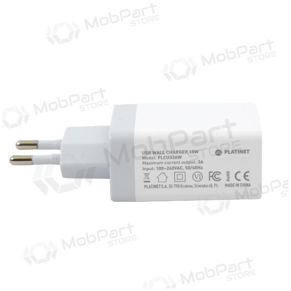 Lader Platinet QuickCharge 3xUSB (15W 3A) (hvit)