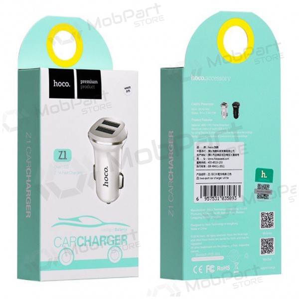 Lader for biler HOCO Z1 Dual USB (5V 2.1A) (hvit)