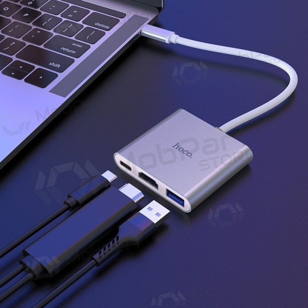Adapter Hoco HB14 Type-C to USB-A+HDMI+Type-C sølvgrå