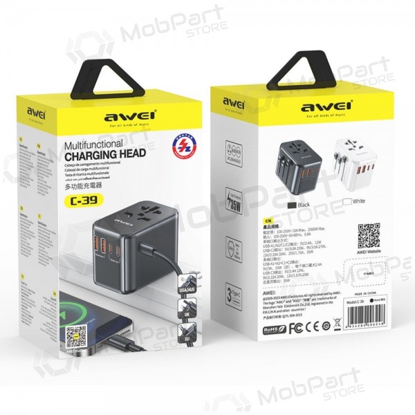 Universell kelioninis lader Awei C-39 GaN 35W 2xUSB-A/3xUSB-C svart