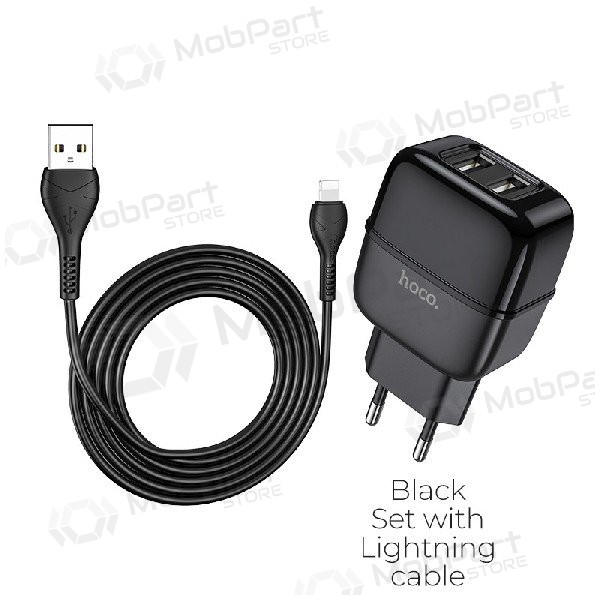 Lader HOCO C77A Highway Dual USB + lightning kabel (5V 2.4A) (svart)