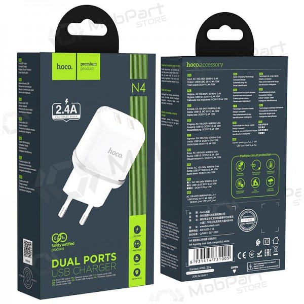 Lader Hoco N4 med 2 USB-porter (2,4A) (hvit)
