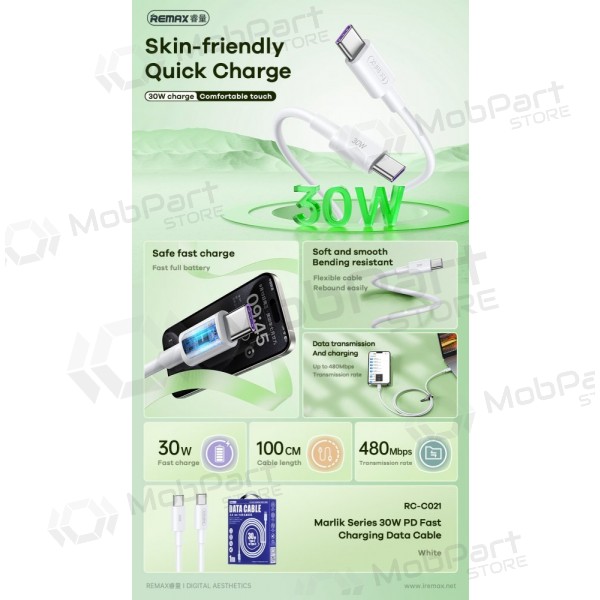 USB kabel Remax RC-C021 USB-C to USB-C 30W 1.0m hvit