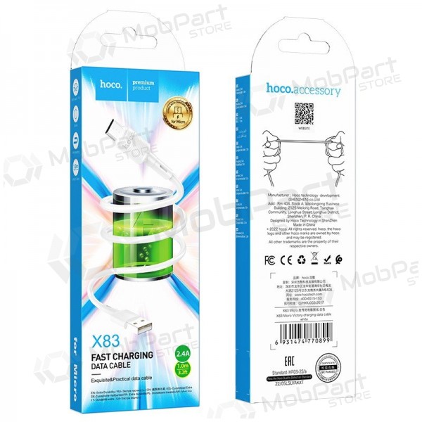 Micro USB-kabel Hoco X83 USB-A til Micro USB 1 m hvit