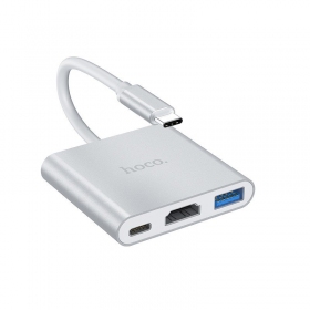 Adapter Hoco HB14 Type-C to USB-A+HDMI+Type-C sølvgrå