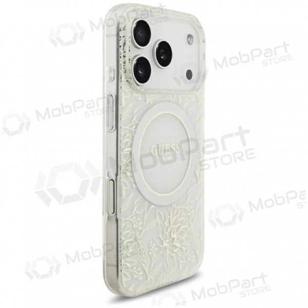 Apple iPhone 18 Pro Max deksel - Guess IML Flowers Allover Strap MagSafe (hvitt)