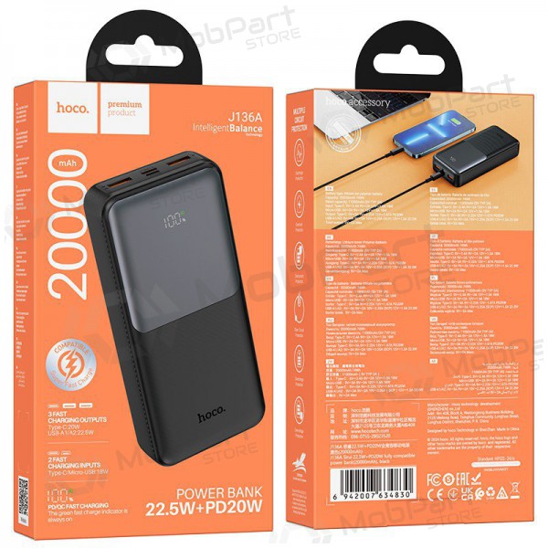 Powerbank Power Bank Hoco J136A 22.5W+PD20W 20000mAh svart Powerbank Power Bank Hoco J136A 22.5W+PD20W 20000mAh svart