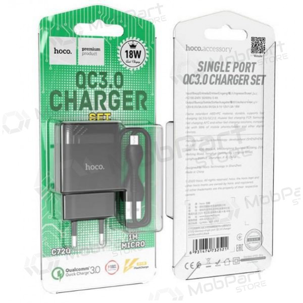 Lader HOCO C72Q Glorious USB + microUSB kabel (QC3.0) (svart)
